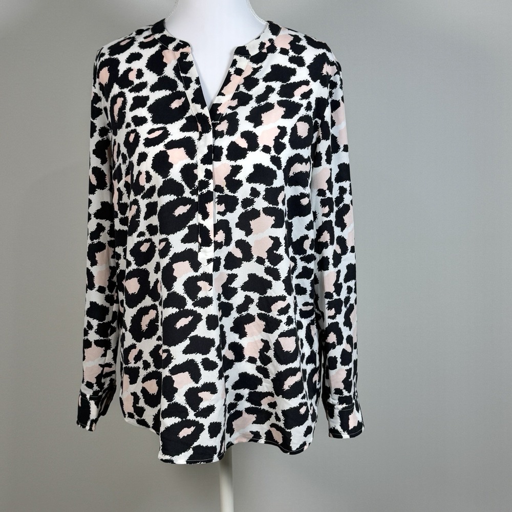 Talbots Petites M Animal Print Popover Top Black Pink Leopard Career Blouse